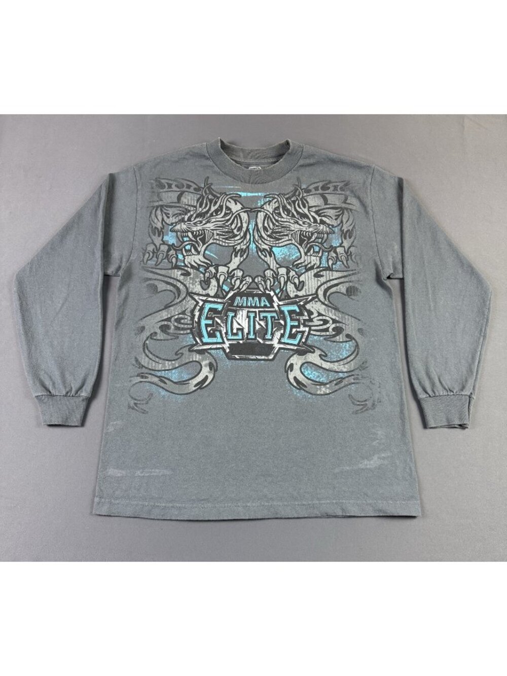 Rare Vintage Y2K MMA Elite Dragon AOP Tribal Art Gray Long Sleeve Shirt Medium T